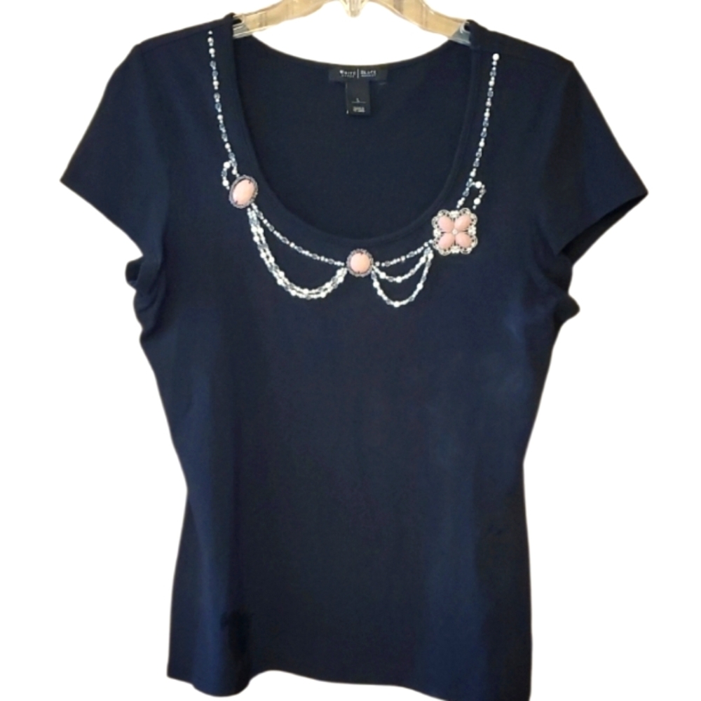White House Black Market Black Top with Pink Beaded Embellishments Size Large